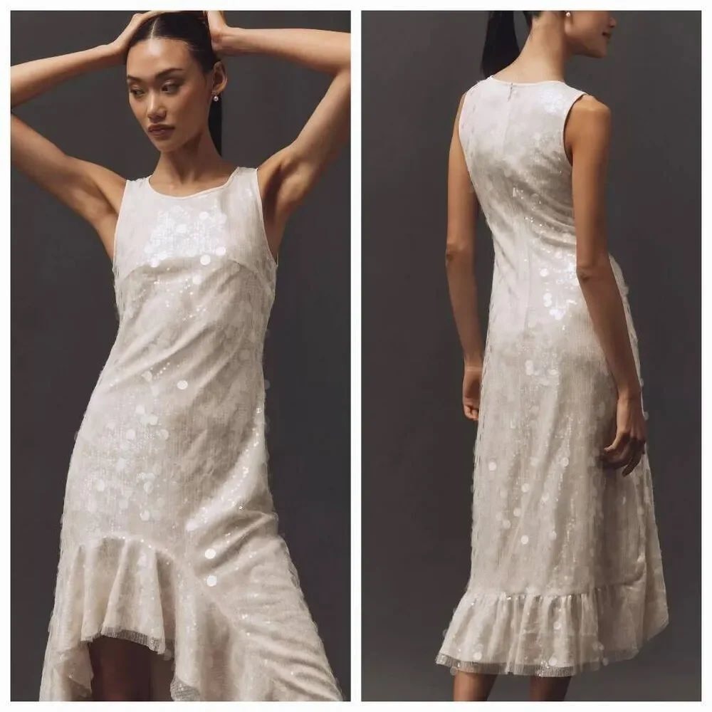 Siempre x Anthropologie Sequin Asymmetrical Ruffle Dress White MP Petite NEW